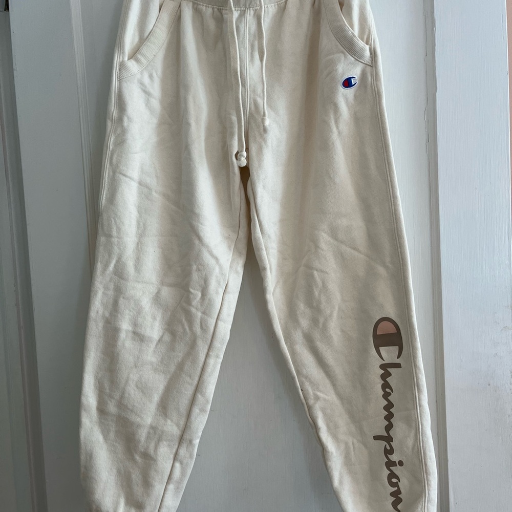 Champion Cream Track Pants with Logo and Cuffed Ankles